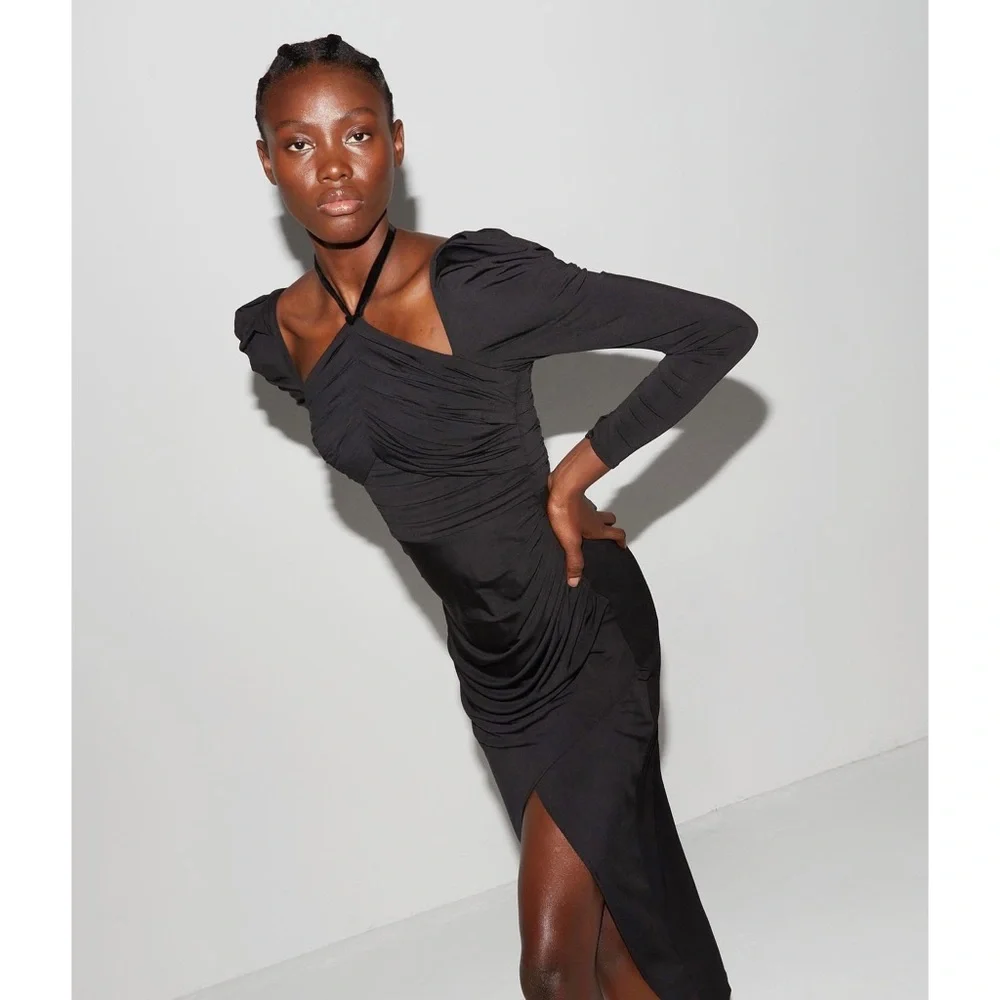 NWT Self-Portrait Jersey Gathered Midi Dress in Black - Picture 2 of 12